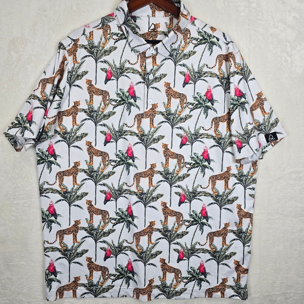 Deolax Mens XXL White Leopard Palm Tree Tropical Print Performance Polo Shirt